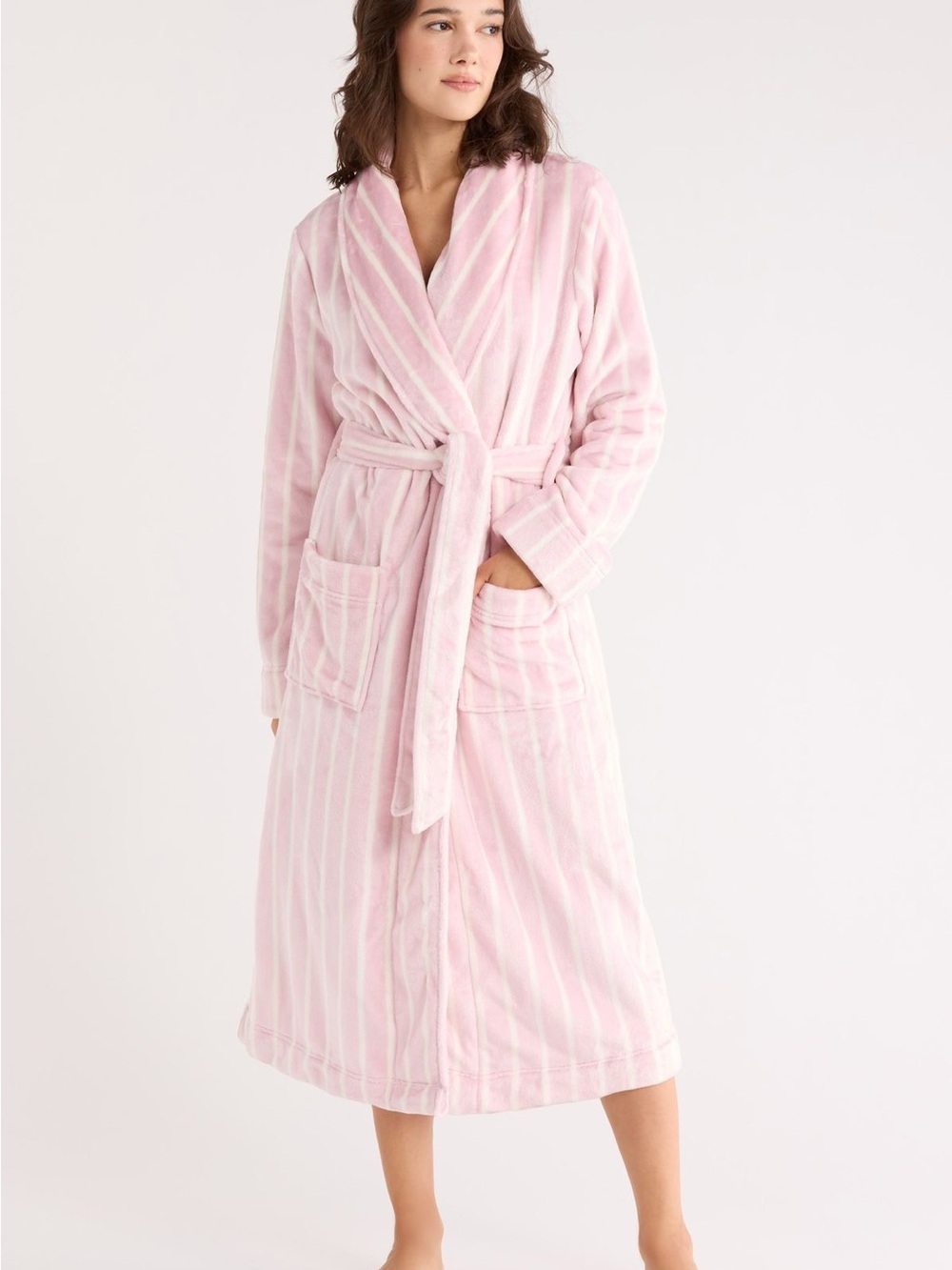 Nordstrom Pink and White Striped Plush Shawl-Collar Robe